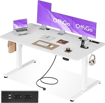 OffiGo Höhenverstellbarer Schreibtisch mit Steckdosen, 160x80cm, Weiß