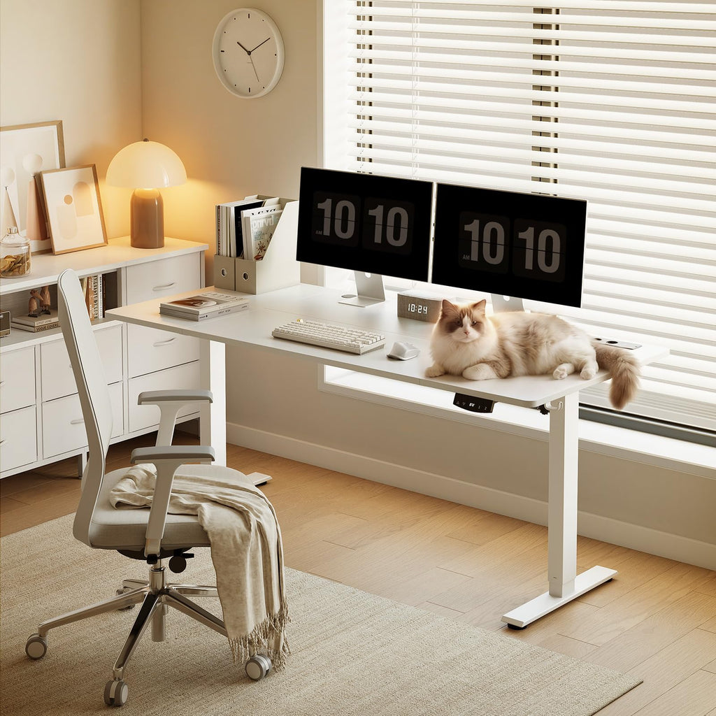 OffiGo Höhenverstellbarer Schreibtisch mit Steckdosen, 160x80cm, Weiß