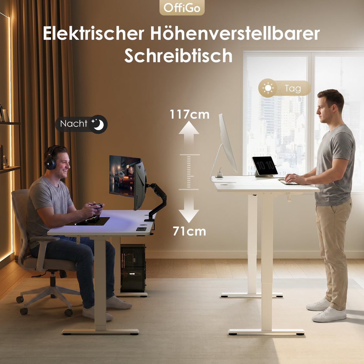 OffiGo Höhenverstellbarer Schreibtisch mit Steckdosen, 160x80cm, Weiß