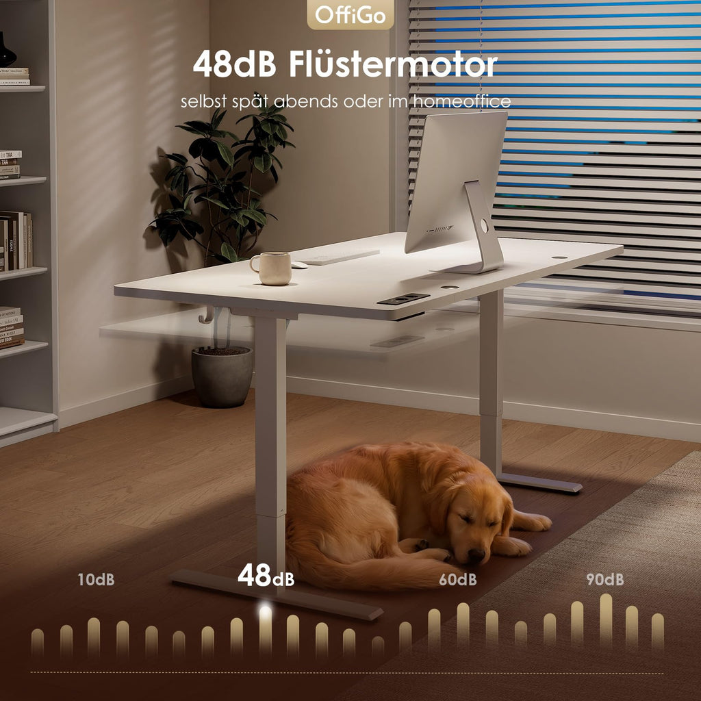 OffiGo Höhenverstellbarer Schreibtisch mit Steckdosen, 160x80cm, Weiß