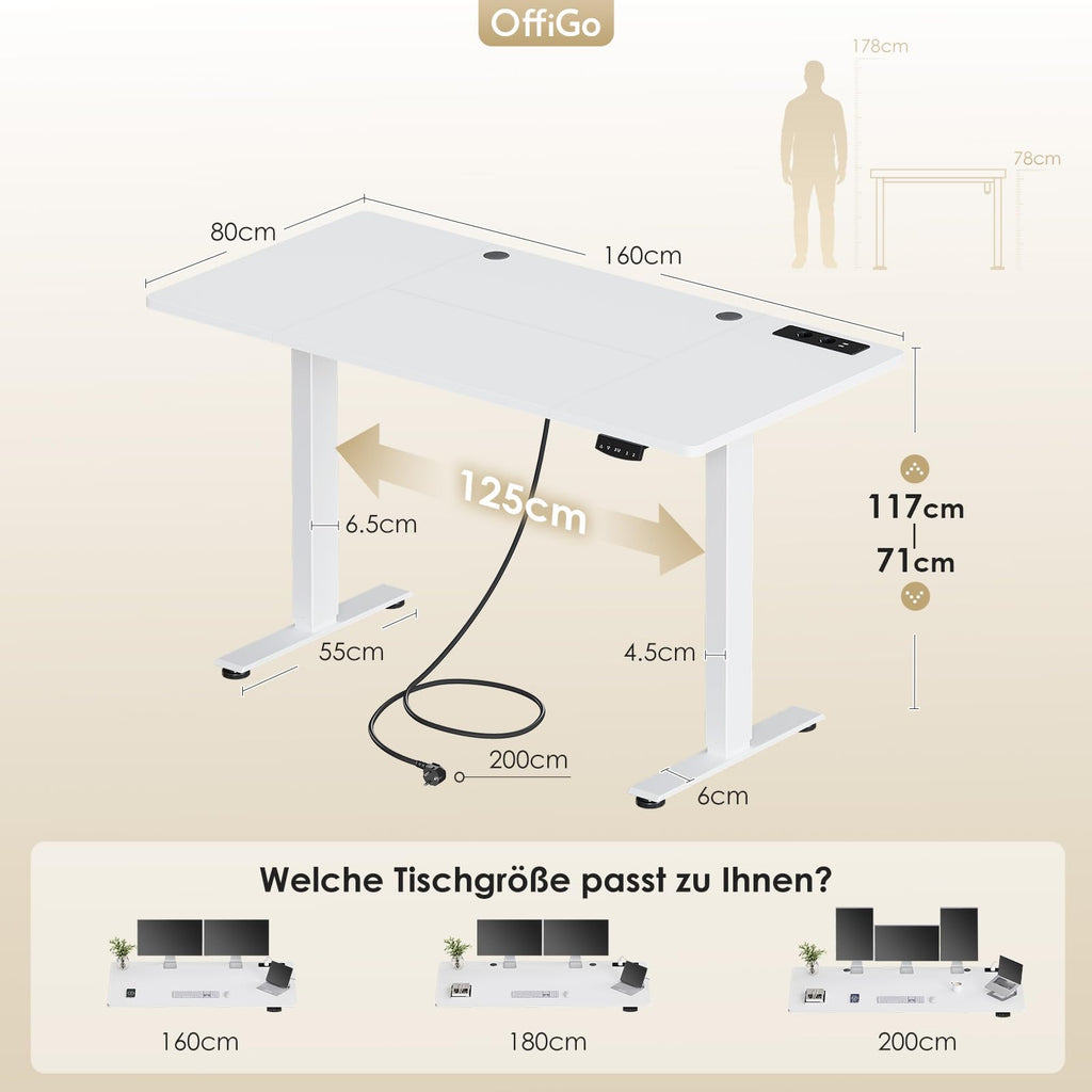 OffiGo Höhenverstellbarer Schreibtisch mit Steckdosen, 160x80cm, Weiß