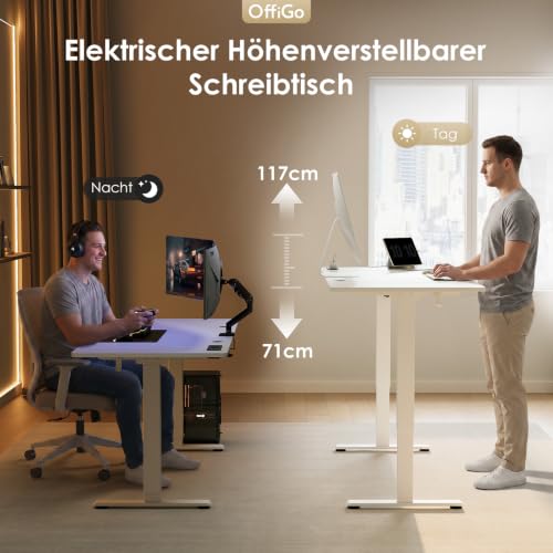 OffiGo Höhenverstellbarer Schreibtisch mit Steckdosen, 160x80cm, Weiß