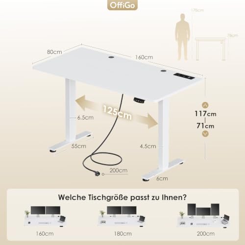 OffiGo Höhenverstellbarer Schreibtisch mit Steckdosen, 160x80cm, Weiß