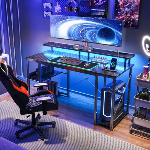 Coleshome Gaming Schreibtisch mit LED und Regal, 120×50 cm, Schwarz