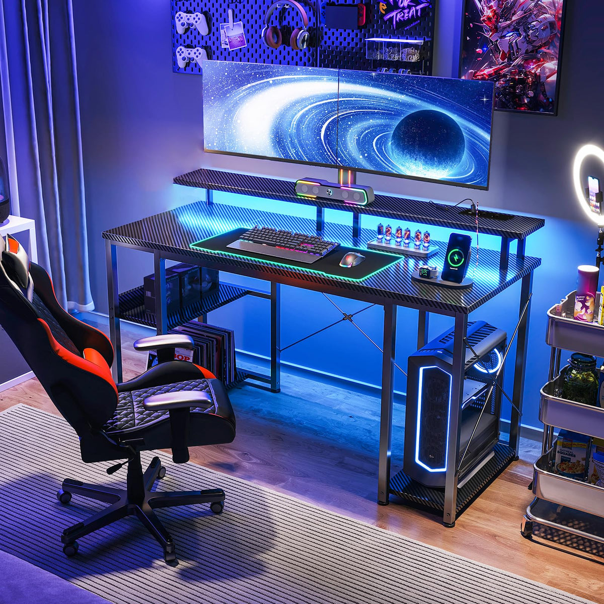 Coleshome Gaming Schreibtisch mit LED und Regal, 120×50 cm, Schwarz
