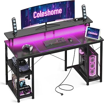 Coleshome Gaming Schreibtisch mit LED und Regal, 120×50 cm, Schwarz
