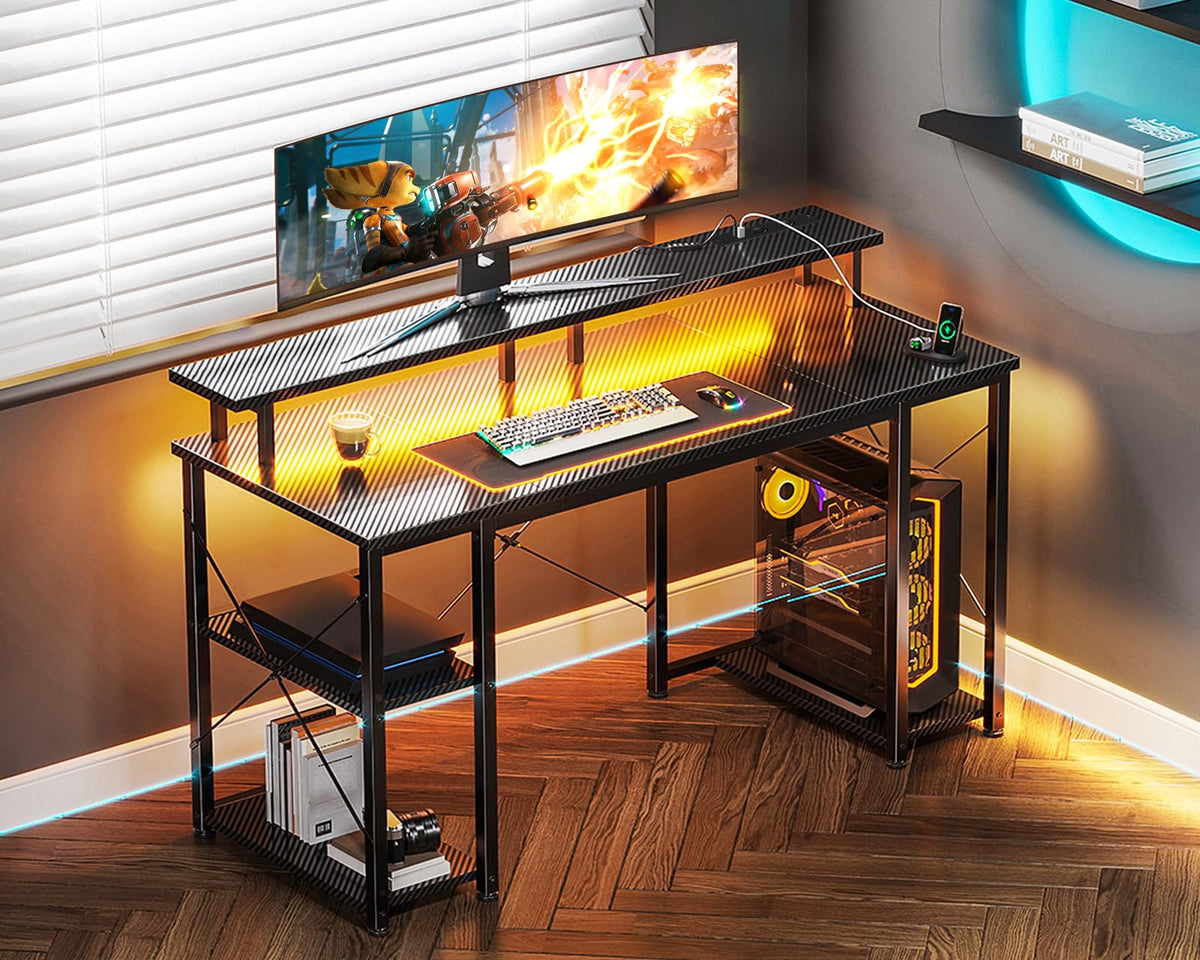 Coleshome Gaming Schreibtisch mit LED und Regal, 120×50 cm, Schwarz