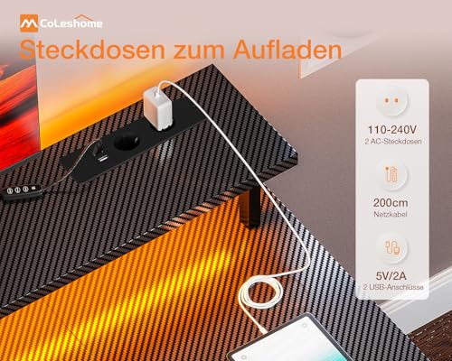 Coleshome Gaming Schreibtisch mit LED und Regal, 120×50 cm, Schwarz