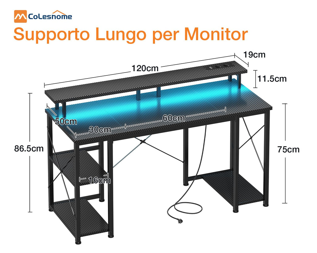 Coleshome Gaming Schreibtisch mit LED und Regal, 120×50 cm, Schwarz