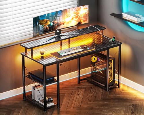 Coleshome Gaming Schreibtisch mit LED und Regal, 120×50 cm, Schwarz