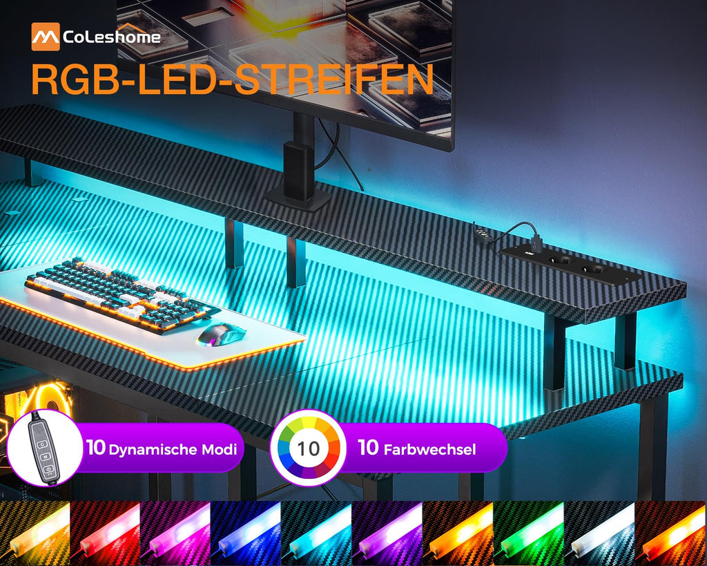 Coleshome Gaming Schreibtisch mit LED und Regal, 120×50 cm, Schwarz