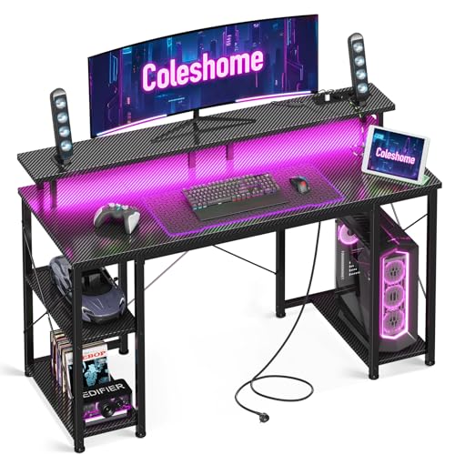 Coleshome Gaming Schreibtisch mit LED und Regal, 120×50 cm, Schwarz