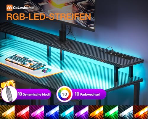 Coleshome Gaming Schreibtisch mit LED und Regal, 120×50 cm, Schwarz