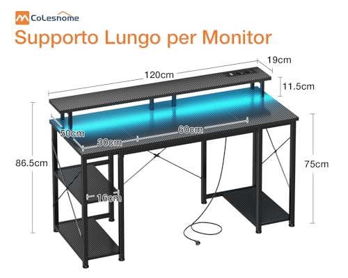 Coleshome Gaming Schreibtisch mit LED und Regal, 120×50 cm, Schwarz