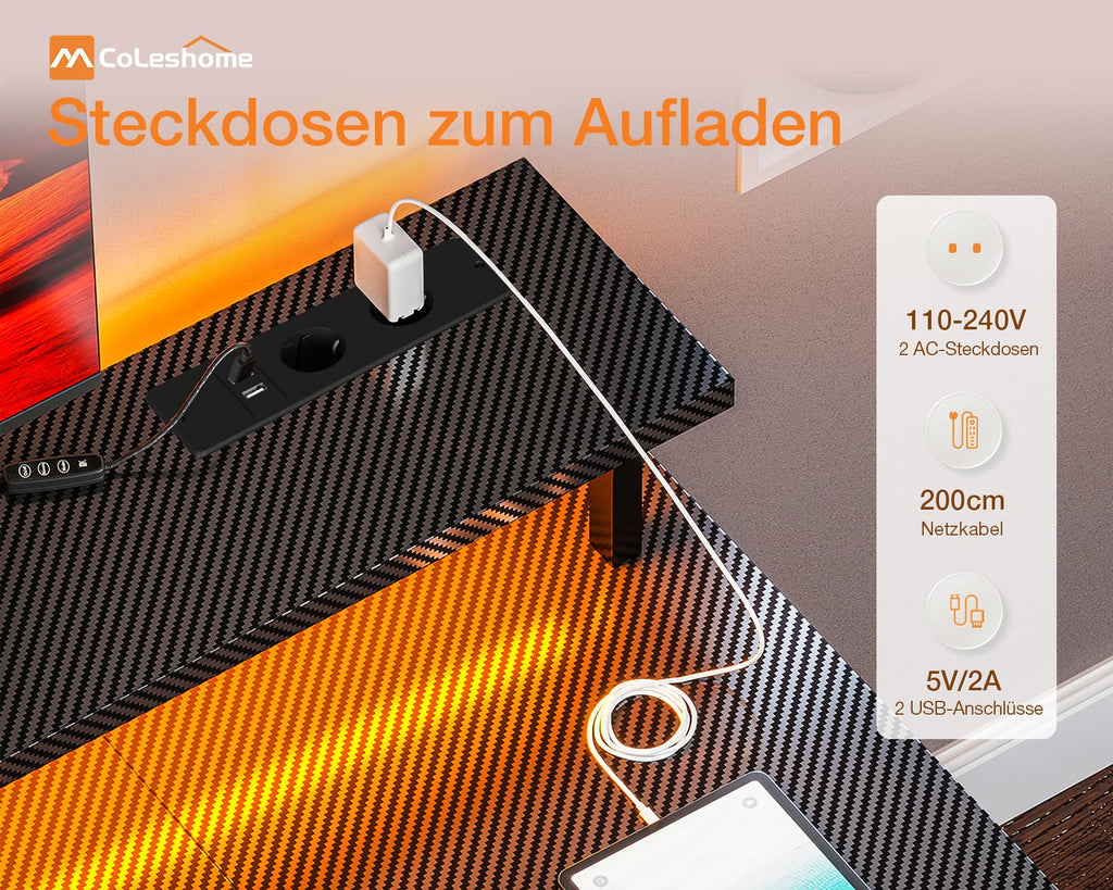 Coleshome Gaming Schreibtisch mit LED und Regal, 120×50 cm, Schwarz