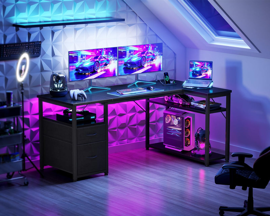 Coleshome Gaming Eckschreibtisch mit 2 Schubladen, 140×80 cm, Schwarz