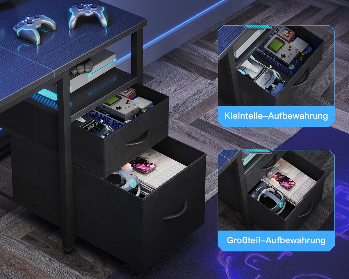 Coleshome Gaming Eckschreibtisch mit 2 Schubladen, 140×80 cm, Schwarz