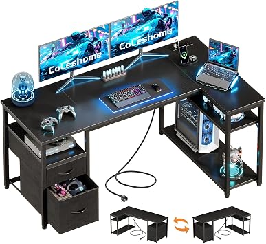 Coleshome Gaming Eckschreibtisch mit 2 Schubladen, 140×80 cm, Schwarz