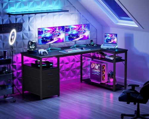 Coleshome Gaming Eckschreibtisch mit 2 Schubladen, 140×80 cm, Schwarz