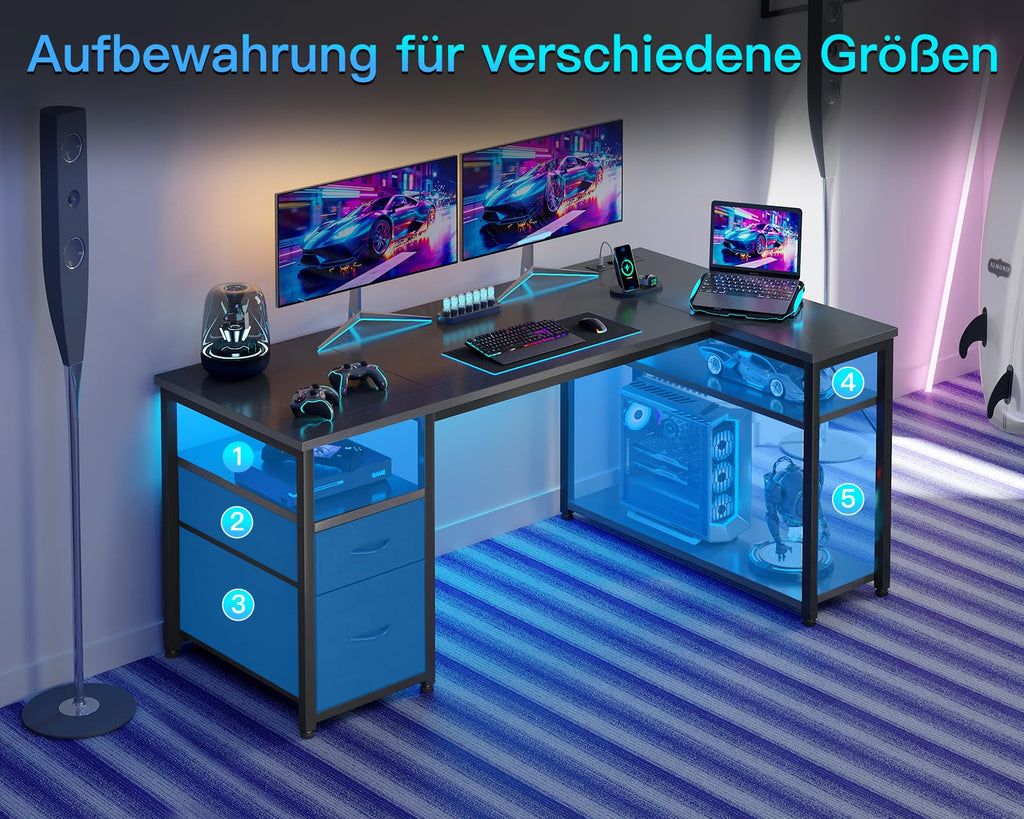 Coleshome Gaming Eckschreibtisch mit 2 Schubladen, 140×80 cm, Schwarz