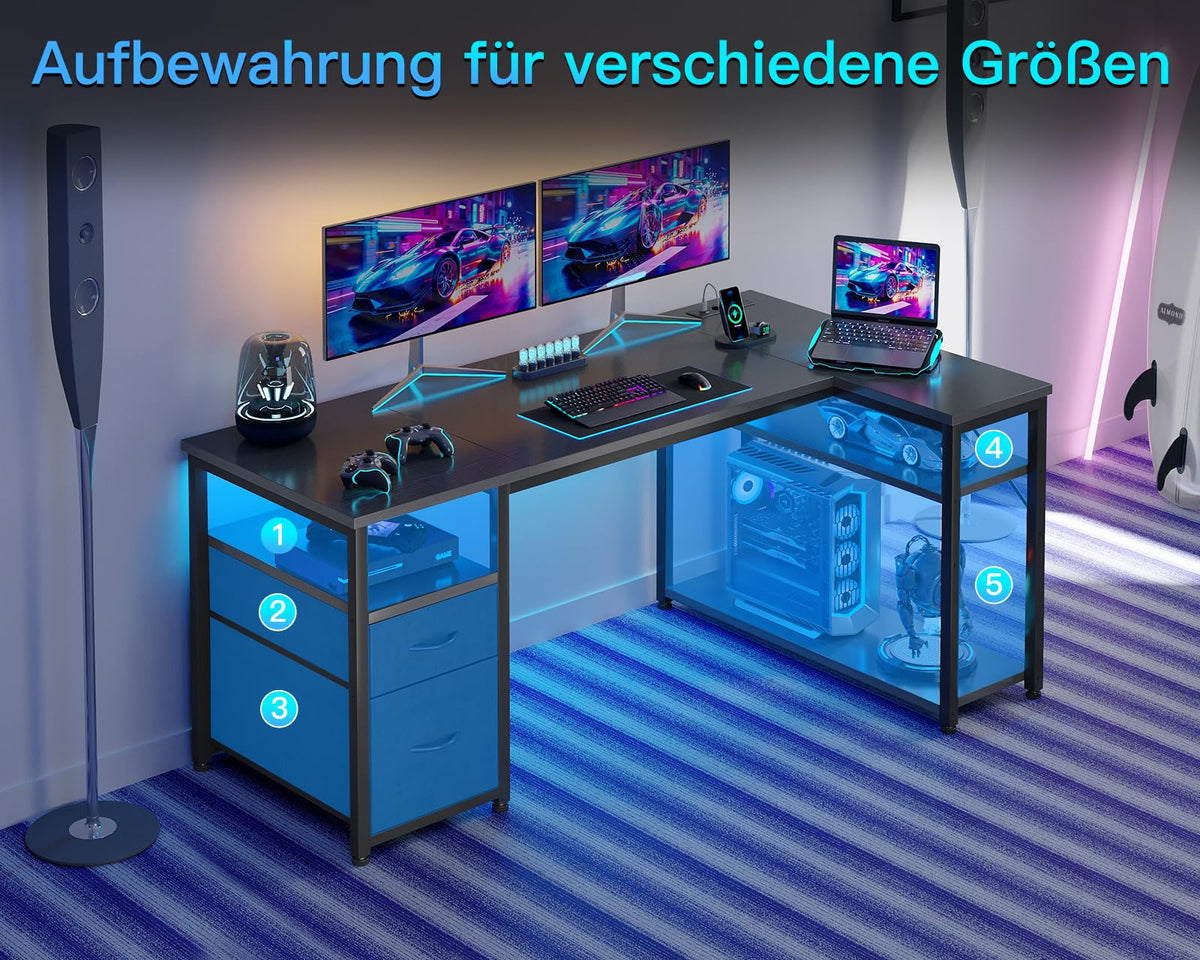 Coleshome Gaming Eckschreibtisch mit 2 Schubladen, 140×80 cm, Schwarz