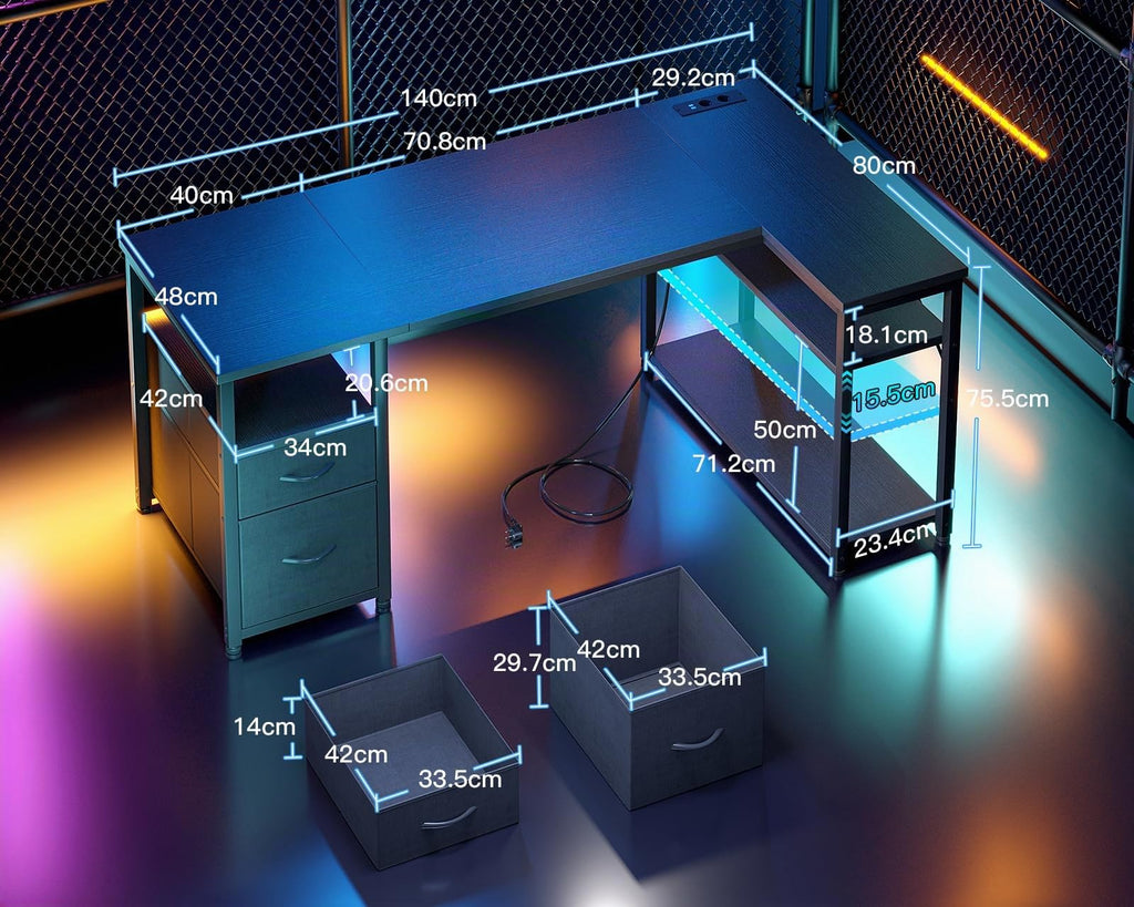 Coleshome Gaming Eckschreibtisch mit 2 Schubladen, 140×80 cm, Schwarz