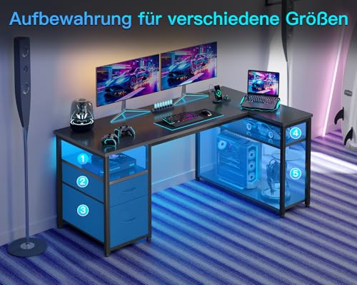 Coleshome Gaming Eckschreibtisch mit 2 Schubladen, 140×80 cm, Schwarz