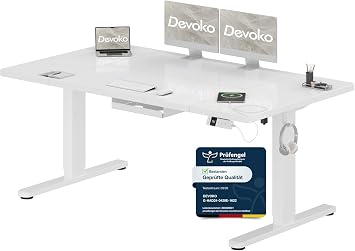 Devoko Höhenverstellbarer Schreibtisch 160x80cm mit Typ-C Ladeanschluss, Mobiler Elektrisch Computertisch mit Kabel Management Tray und 3-Funktions-Memory, Weiß