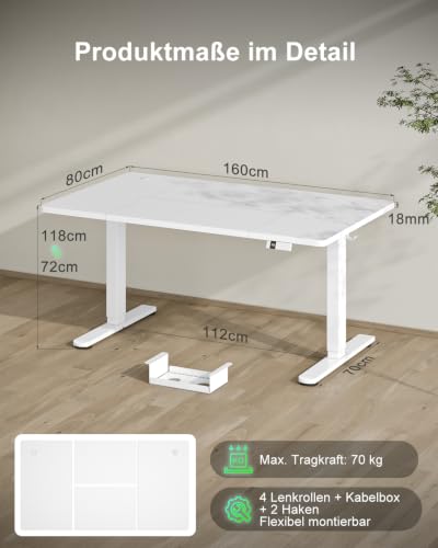 Devoko Höhenverstellbarer Schreibtisch 160x80cm mit Typ-C Ladeanschluss, Mobiler Elektrisch Computertisch mit Kabel Management Tray und 3-Funktions-Memory, Weiß