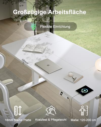 Devoko Höhenverstellbarer Schreibtisch 160x80cm mit Typ-C Ladeanschluss, Mobiler Elektrisch Computertisch mit Kabel Management Tray und 3-Funktions-Memory, Weiß
