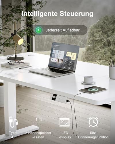 Devoko Höhenverstellbarer Schreibtisch 160x80cm mit Typ-C Ladeanschluss, Mobiler Elektrisch Computertisch mit Kabel Management Tray und 3-Funktions-Memory, Weiß