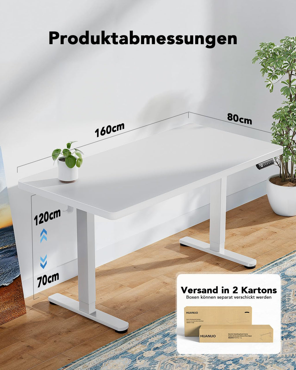 HUANUO Höhenverstellbarer Schreibtisch 160x80cm mit Ganze Tischplatte