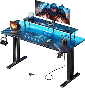HLONONE Gaming Tisch mit LED & Steckdose, 120 x 60 cm, PC Tisch Schwarz
