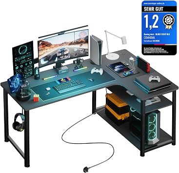 COMHOMA Gaming Tisch mit Steckdose 120 x 80cm Schreibtisch, Eckschreibtisch mit USB-Ladeanschluss und Regal, Computertisch L Form, PC Tisch für Büro, Heimbüro