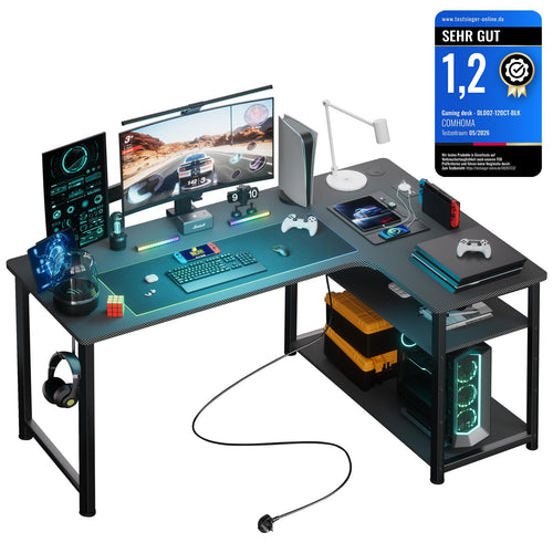 COMHOMA Gaming Tisch mit Steckdose 120 x 80cm Schreibtisch, Eckschreibtisch mit USB-Ladeanschluss und Regal, Computertisch L Form, PC Tisch für Büro, Heimbüro