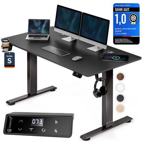 CASARIA® Höhenverstellbarer Schreibtisch elektrisch 120 x 60 cm mit Wireless Charger & USB-C/A Anschluss LCD-Display Memory-Funktion 80 kg belastbar ergonomisch Carbon Optik