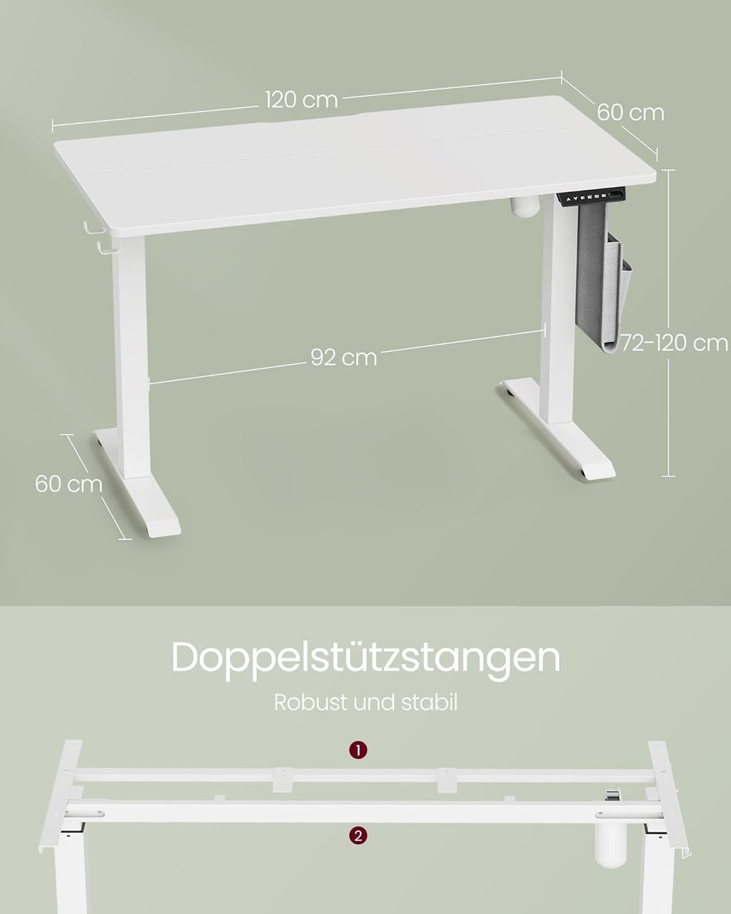 VASAGLE Höhenverstellbarer Schreibtisch elektrisch, 120 x 60 cm