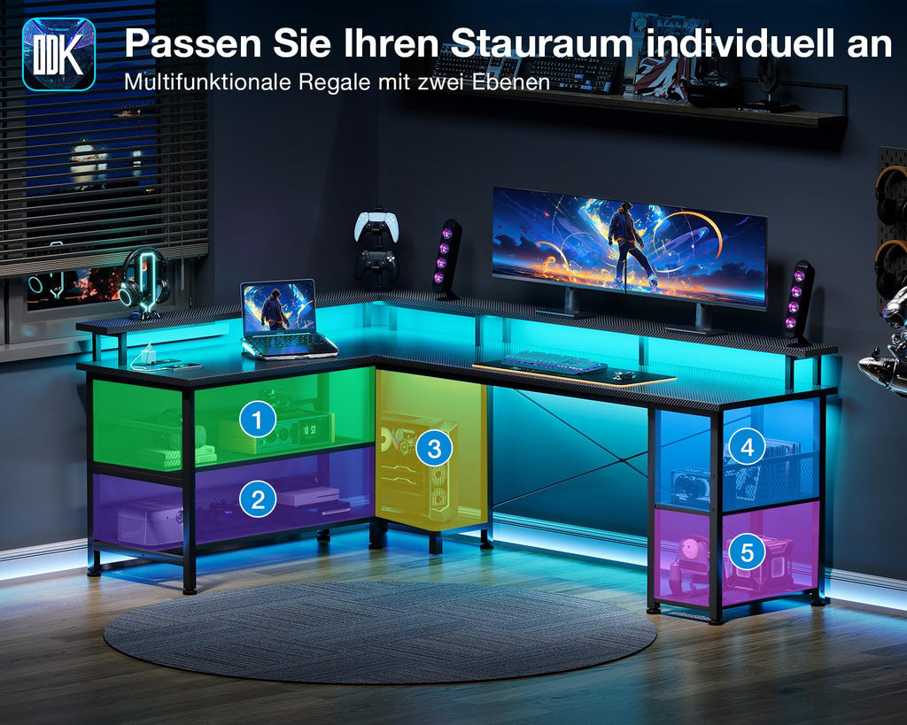 ODK Gaming Eckschreibtisch mit LED & USB, 168×120 cm, Kohlefaser Schwarz