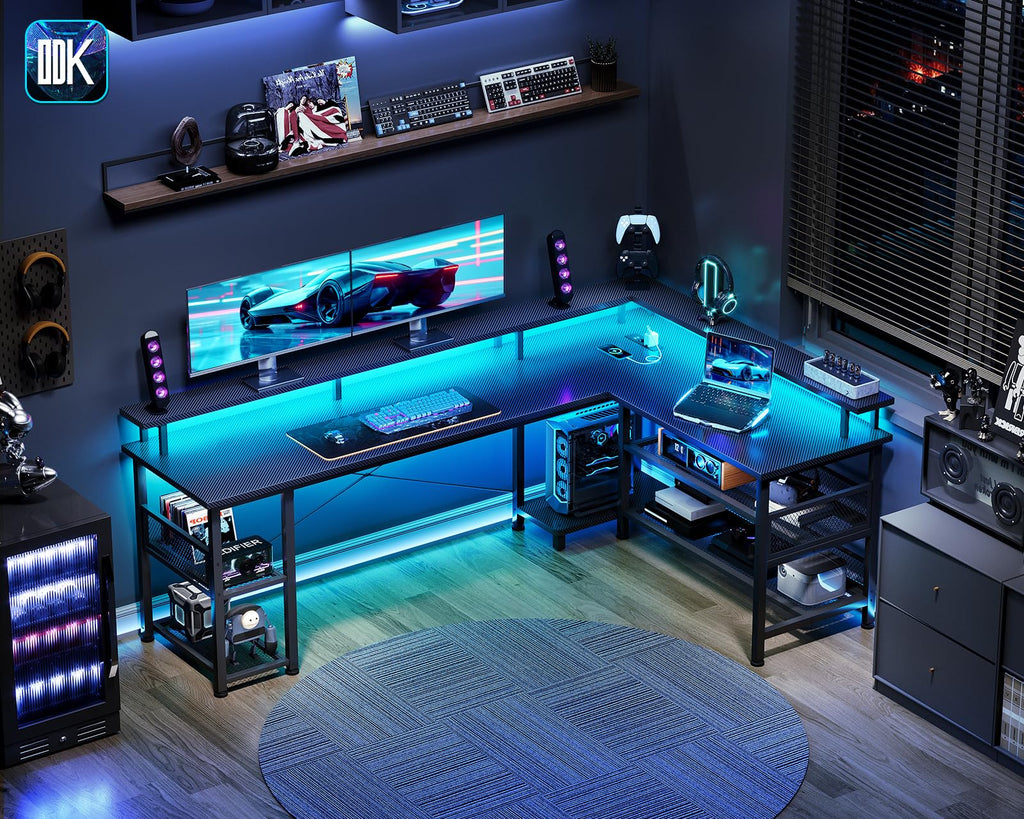 ODK Gaming Eckschreibtisch mit LED & USB, 168×120 cm, Kohlefaser Schwarz