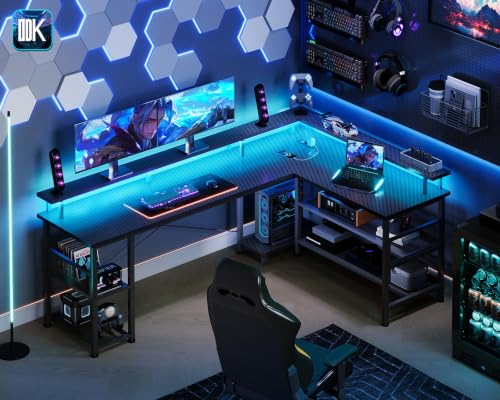 ODK Gaming Eckschreibtisch mit LED & USB, 168×120 cm, Kohlefaser Schwarz