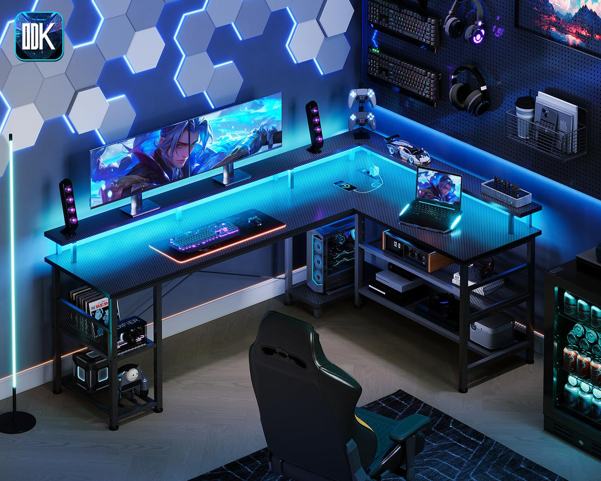 ODK Gaming Eckschreibtisch mit LED & USB, 168×120 cm, Kohlefaser Schwarz