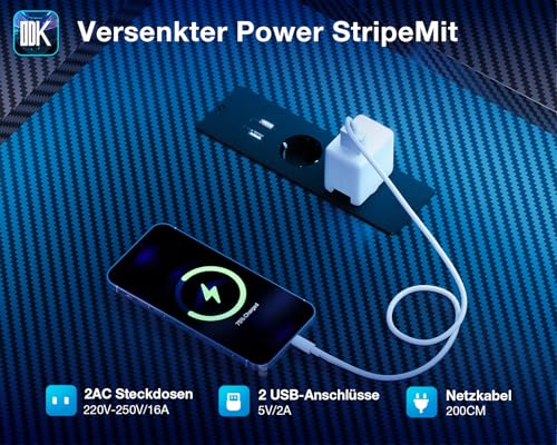 ODK Gaming Eckschreibtisch mit LED & USB, 168×120 cm, Kohlefaser Schwarz