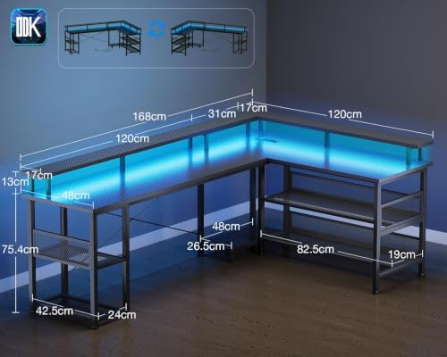 ODK Gaming Eckschreibtisch mit LED & USB, 168×120 cm, Kohlefaser Schwarz