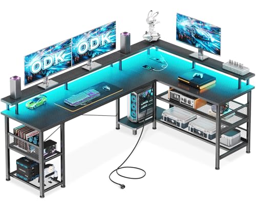 ODK Gaming Eckschreibtisch mit LED & USB, 168×120 cm, Kohlefaser Schwarz