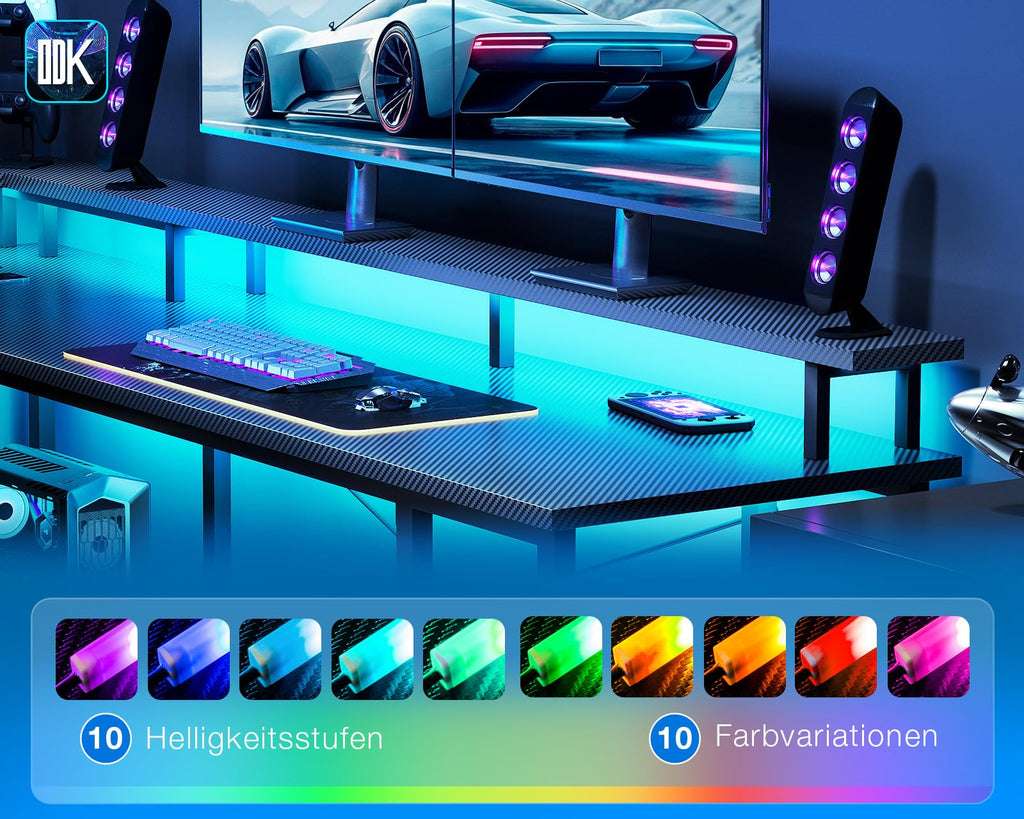 ODK Gaming Eckschreibtisch mit LED & USB, 168×120 cm, Kohlefaser Schwarz