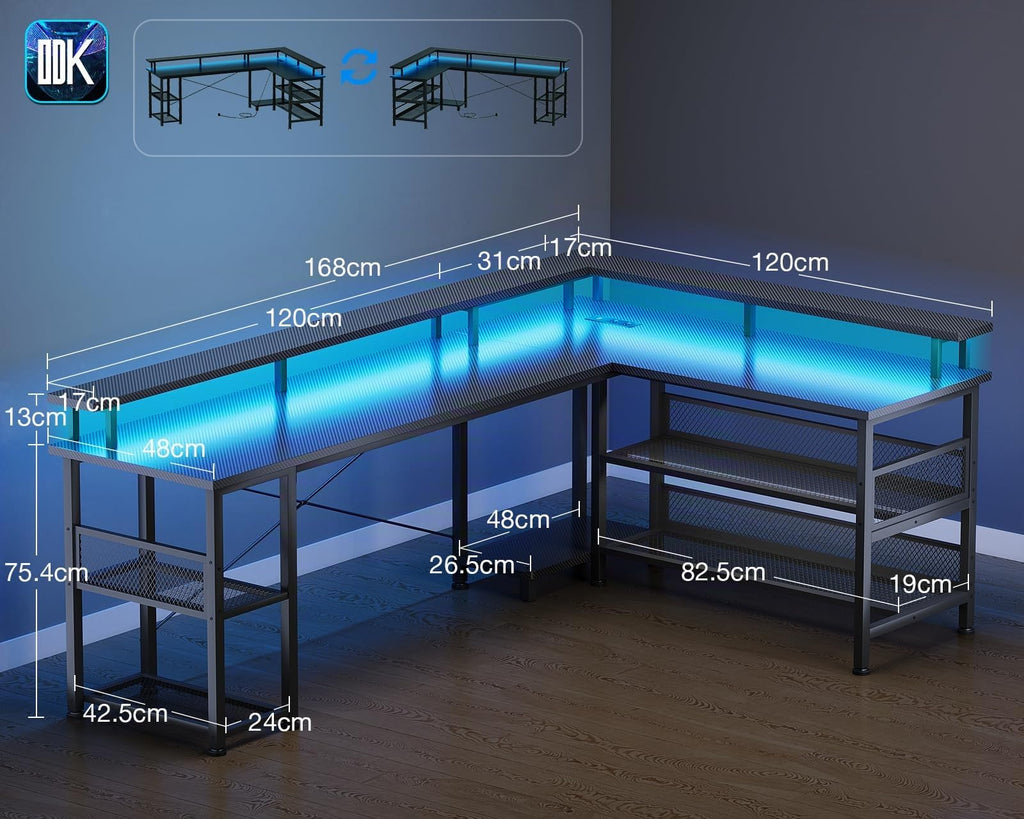 ODK Gaming Eckschreibtisch mit LED & USB, 168×120 cm, Kohlefaser Schwarz