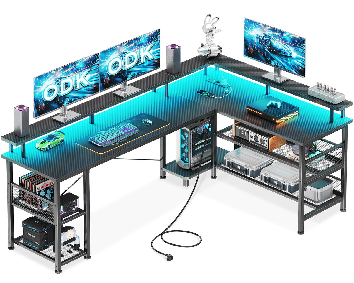 ODK Gaming Eckschreibtisch mit LED & USB, 168×120 cm, Kohlefaser Schwarz