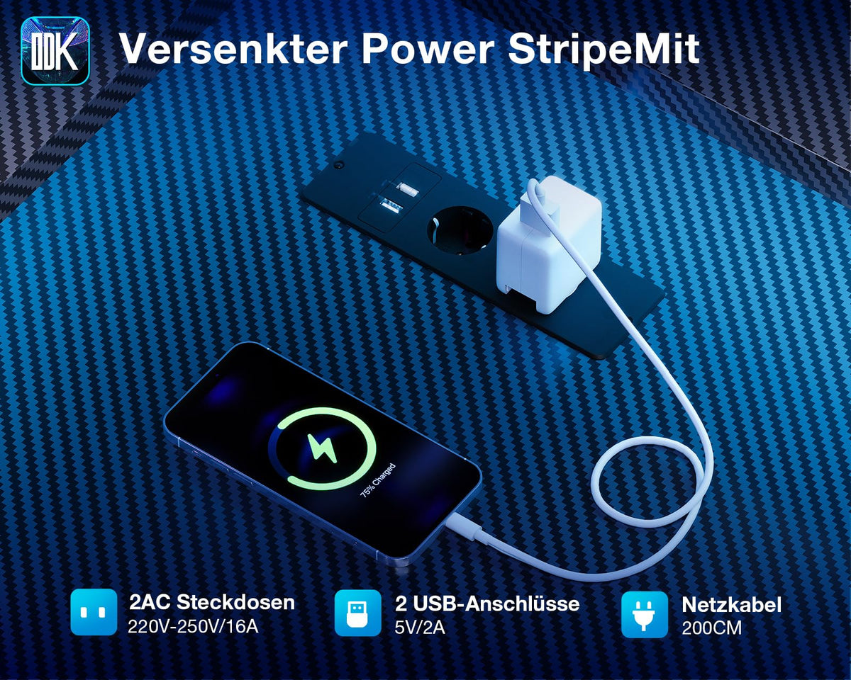 ODK Gaming Eckschreibtisch mit LED & USB, 168×120 cm, Kohlefaser Schwarz