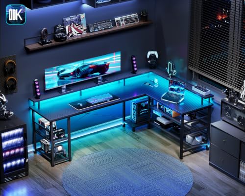 ODK Gaming Eckschreibtisch mit LED & USB, 168×120 cm, Kohlefaser Schwarz