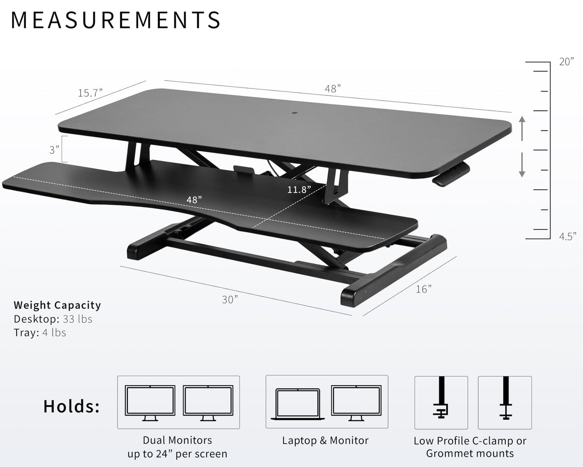 VIVO 122 cm Schreibtischaufsatz, K-Serie, höhenverstellbarer Steh-Sitz-Aufsatz, Dual-Monitor- und Laptop-Arbeitsplatz mit breiter Tastaturablage, Schwarz, DESK-V048KB